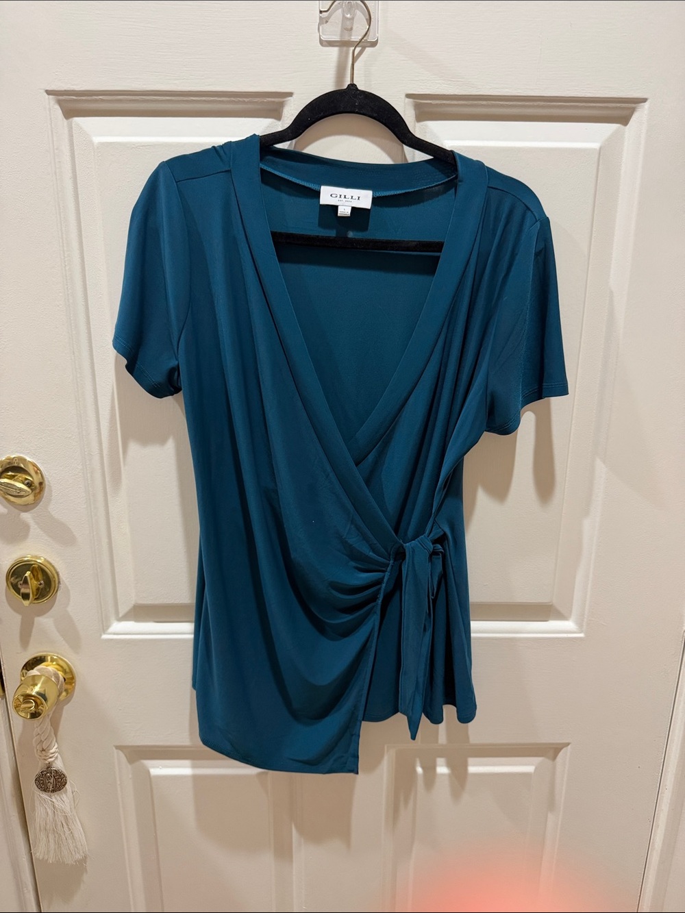 Gilli Teal Wrap Tie Short Sleeve Blouse